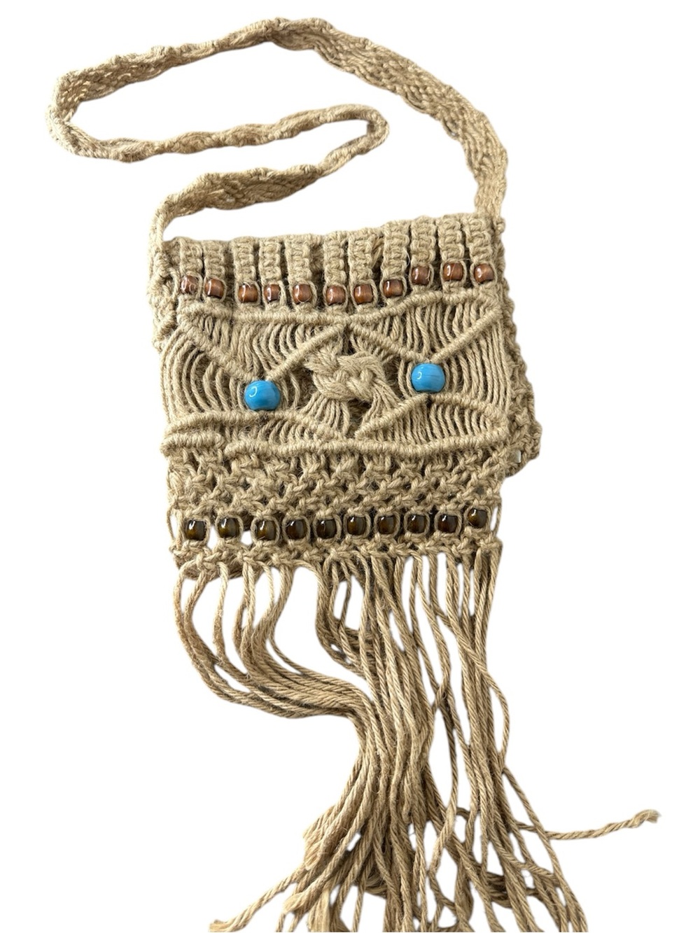 Jute Macrame Crossbody Bag Flap Beads Braided Fringe Boho Hippie